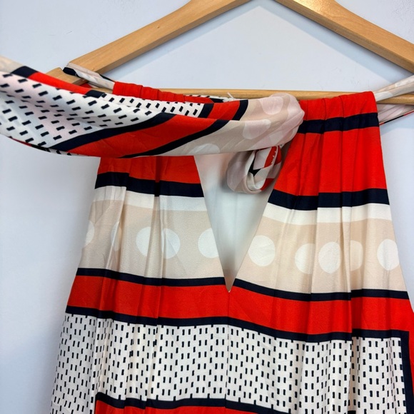 ELIZA J Poppy Stripe Scarf Print Crepe de Chine Bow Tie Back Maxi Gown Dress - Picture 9 of 16